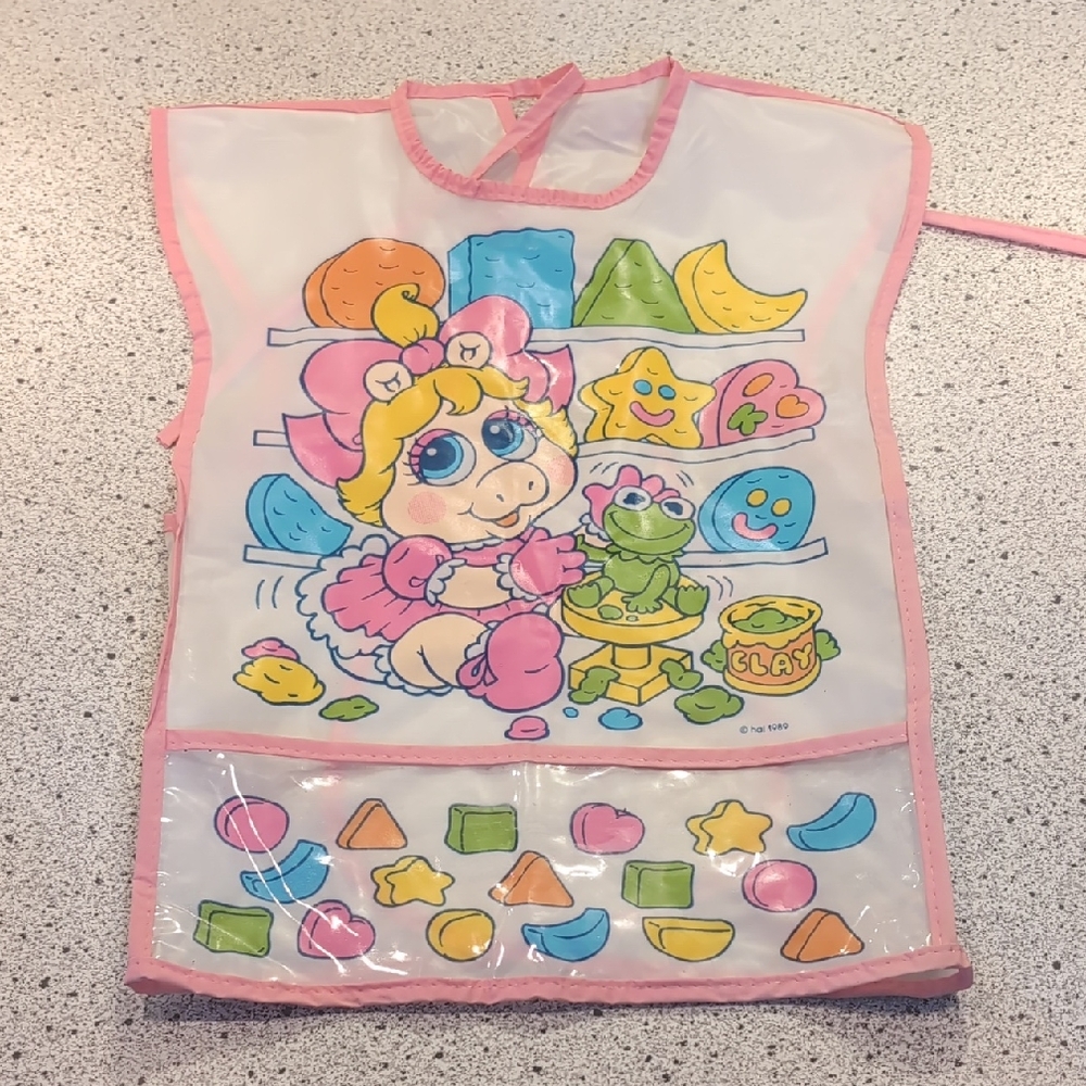 Vintage 1989 Vinyl Bib Miss Piggy And Kermit The Frog Arm Holes Food Catcher